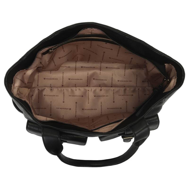 Visão superior interna da bolsa WJ mostrando forro estampado e compartimentos